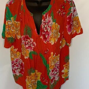 Dark Coral Floral Short Sleeve Rayon Top